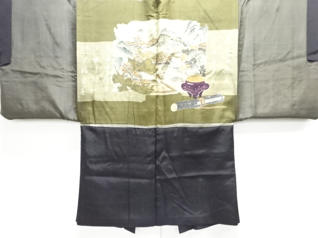 JAPANESE KIMONO / ANTIQUE MENS HAORI / SILK / SCENERY IN THE PAST (lining)